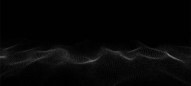 Fütürist dijital dalga. Karanlık siber uzay. Noktalı soyut vektör dalgası. Siyah arkaplan üzerinde beyaz parçacıklar.