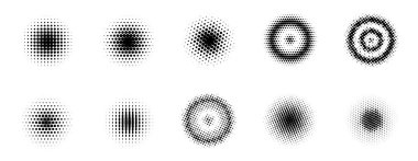Noktalı vektör yarım ton daireler. Siyah beyaz gradyan desen tasarım elementleri.