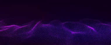 Gelecekçi teknoloji dalgası. Dijital siber uzay. Pembe arka planda hareket eden parçacıkları olan soyut dalga. Büyük veri analizleri.