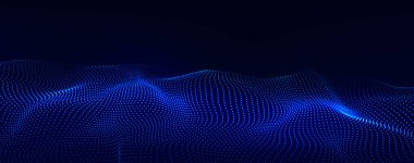 Gelecekçi teknoloji dalgası. Dijital siber uzay. Mavi zemin üzerinde hareket eden parçacıklar olan soyut dalga. Büyük veri analizleri.