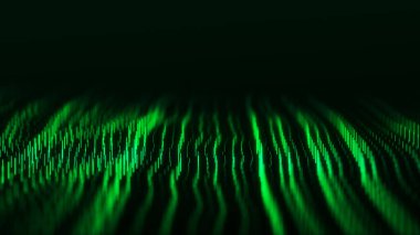 Parçacıkların soyut teknoloji dalgası. Büyük veri görselleştirmesi. Hareketli yeşil çizgileri olan koyu bir arka plan. Yapay zeka. 3d oluşturma.
