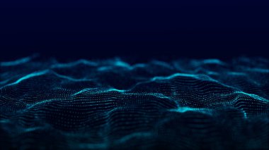 Fütürist dijital dalga. Karanlık siber uzay. Noktalı ve çizgili soyut dalga. Mavi arka planda beyaz hareketli parçacıklar. 3d oluşturma.