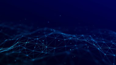 Parçacıkların soyut teknoloji dalgası. Büyük veri görselleştirmesi. Hareket noktaları ve çizgileri olan karanlık bir arkaplan. Yapay zeka. 3d oluşturma.