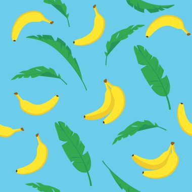 Muz ve yaprak mavisi arkaplan deseni. Vektör tropikal meyve, tek ve demet sarı muz çizgi film tarzında..