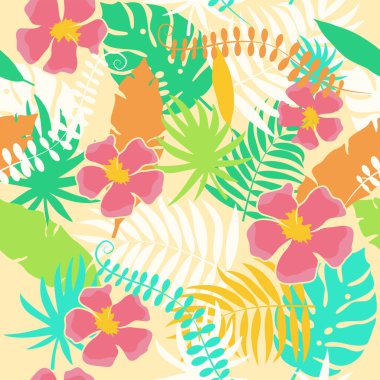 Beautiful pattern of tropical leaves and pink flower on white background. Vector botanical collection exotic plants in flat style.