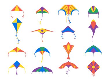 Set of varicoloured kite from different form on white background. Vector flying toy for kids in cartoon style.