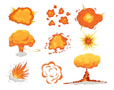 Set of bomb explosion different form on white background. Vector explosion dynamite and atomic bomb in cartoon style.