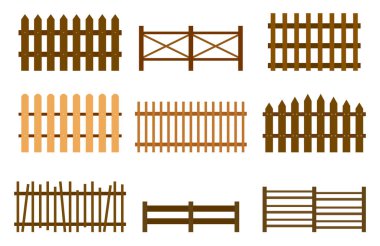 Set of wooden fences on white background. Vector new and old fences in flat style.
