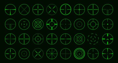 Set of green aims on black background. Vector creative game sight bullseye in flat style.