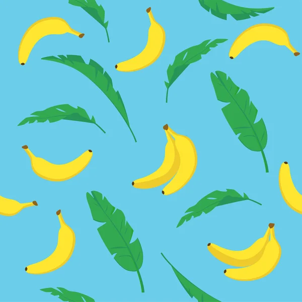 以香蕉和叶蓝为背景的模式 热带水果 单瓣黄香蕉 卡通风格 — 图库矢量图片