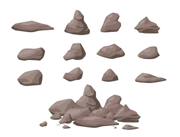 Set of stone different form on white background. Vector rocks and a pile of brown stones in cartoon style.