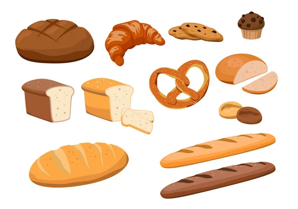 Set Fresh Tasty Bakery Products White Background Vector Rye Wheat — Διανυσματικό Αρχείο