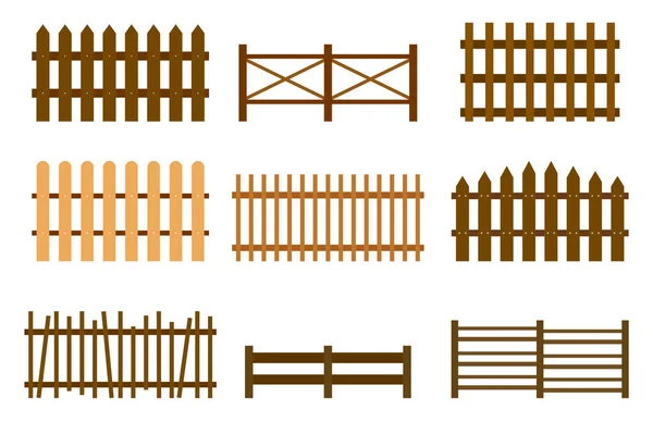Set of wooden fences on white background. Vector new and old fences in flat style.