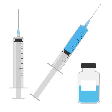 Grey medical syringe with vaccine in cartoon style. Vector empty, filled syringe and vaccine bottle isolated on a white background.