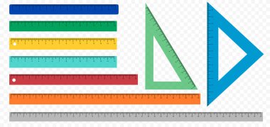 Set of transparent and varicoloured ruler on white background. Vector plastic and metal ruler and triangle in flat style.