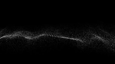 Fütürist dijital dalga. Karanlık siber uzay. Noktalı ve çizgili soyut dalga. Siyah zemin üzerinde beyaz hareketli parçacıklar. 3d oluşturma.