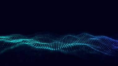 Parçacıkların soyut teknoloji dalgası. Büyük veri görselleştirmesi. Hareket noktaları ve çizgileri olan karanlık bir arkaplan. Yapay zeka. 3d oluşturma.