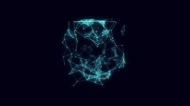 Teknoloji engelleme zinciri ağı bağlantısı. Büyük veri görselleştirmesi. Siber güvenlik geçmişi. Blok parçalanan parçacıklardan oluşan mavi top bir küpe dönüşür. 3B görüntüleme.