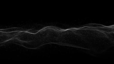 Uçan parçacıkların olduğu soyut teknoloji dalgası. Büyük veri görselleştirmesi. Hareket noktalı koyu bir arka plan. Yapay zeka. 3d oluşturma.