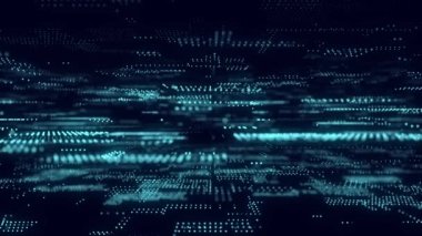 Hareketli parçacıkları olan gelecekteki dijital siber uzay. Dijital verileri sınıflandırma ve analiz etme. Teknoloji matrisi algoritması. Güvenlik depolama verileri. 3d oluşturma.