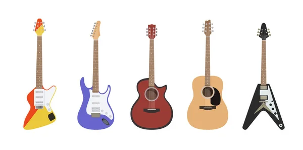 Ein Set Verschiedenfarbiger Gitarren Unterschiedlicher Form Auf Weißem Hintergrund Vector — Stockvektor