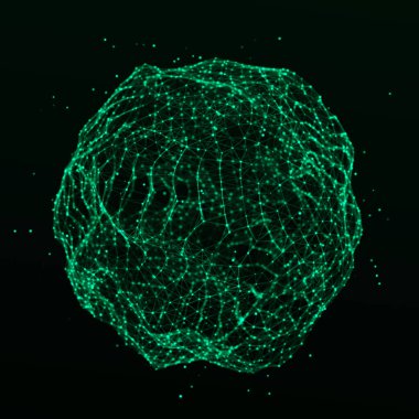 Parçacıkların ve çizgilerin gelecekteki yeşil küresi. Ağ bağlantısı büyük veri. Soyut teknoloji geçmişi. 3d oluşturma.