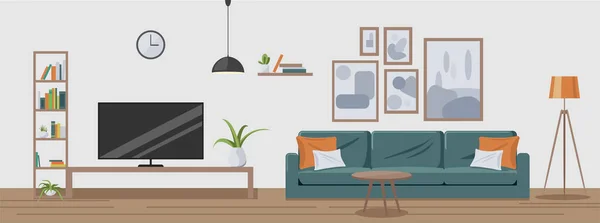 Modern ev iç mimarisi. Kanepe, masa, kitap ve saksılarla döşenmiş rahat bir daire, karikatür vektör tarzında resimler ve lambalar..