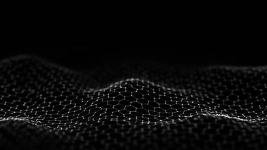 Geleceğin altıgen dalgası. Karanlık siber uzay. Noktalı ve çizgili soyut dalga. Siyah zemin üzerinde beyaz hareketli parçacıklar. 3d oluşturma.