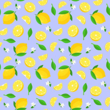 Yeşil yapraklı desen limon ve çizgi film tarzında beyaz çiçek. Beyaz arka planda bütün ve tatlı limon parçaları izole.