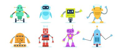 Beyaz arka planda farklı formlardan varisli sevimli robotlar. Çocuklar için vektör robotlar ya da çizgi film stili modern robotlar.