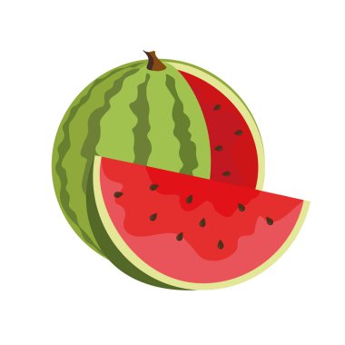 Çizgi film tarzında taze karpuz. Vektör bütünü ve tatlı karpuz beyaz bir arkaplanda izole.