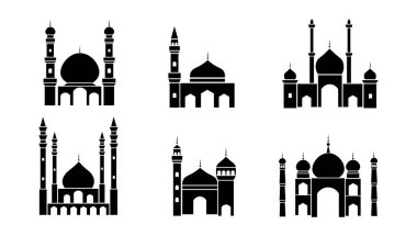 Zarif İslami cami beyaz arka planının farklı türlerdeki simgelerini ayarla. Vektör Müslüman tapınağı düz stil.