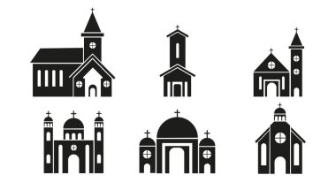 Farklı türde Katolik kiliselerinin beyaz arkaplan simgelerini oluşturun. Düz biçimde vektör katedrali veya manastırı.