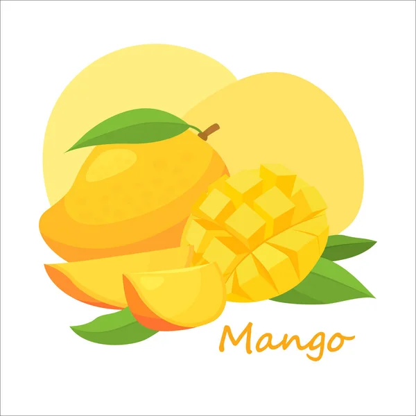 新鲜的芒果 卡通风格 整个病媒和部分甜芒果在白色背景下被分离 — 图库矢量图片