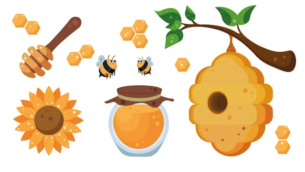 Illustration Mit Flüssigem Natürlichen Gelben Honig Auf Weißem Hintergrund Vektorwaben — Stockvektor