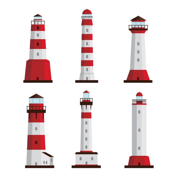 一组不同类型的白色 红色灯塔的白色背景 Vector Searchlight Towers Maritime Navigation Guidance Coastline Architecture — 图库矢量图片
