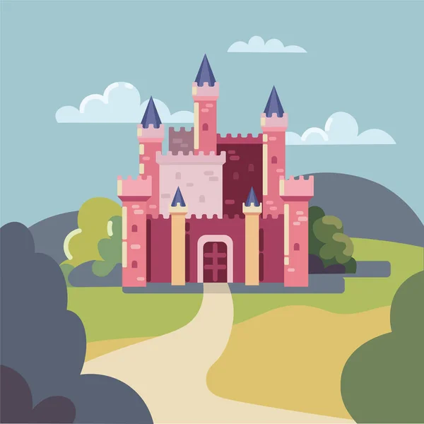 粉红仙女中世纪城堡在山中背景 带有卡通风格塔楼或古城的矢量哥特式宫殿 — 图库矢量图片