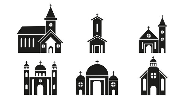 Set icons of different types of catholic churchs white background. Vector cathedral or monastery in flat style.