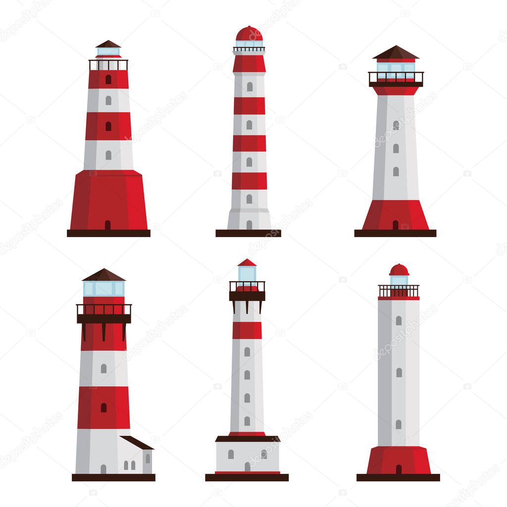 Set of different types of white-red lighthouses white background. Vector searchlight towers for maritime navigation guidance, coastline architecture buildings in cartoon style.