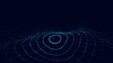 Gelecekçi çember dalgası. Karanlık siber uzayı yönlendir. Noktalı soyut müzik dalgası. Mavi arkaplanda beyaz parçacıklar hareket ediyor.