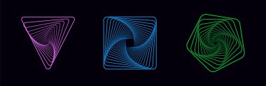 Bir dizi çarpık renkli spiraller. Kutsal geometri. Üçgen şeklinde çizgileri olan bir tünel, kare ve beşgen. Vektör geometrik fraktal ögesi.