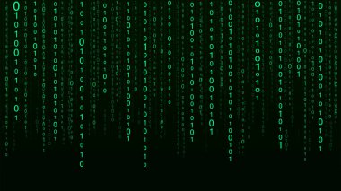 Teknoloji ikili kodu. Rastgele düşen yeşil parmaklar ekranda. Hacklenmiş yazılım. Matris bilimi geçmişi. Büyük veri analizleri.