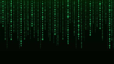 Teknoloji ikili kodu. Rastgele düşen yeşil parmaklar ekranda. Hacklenmiş yazılım. Matris bilimi geçmişi. Büyük veri analizleri.