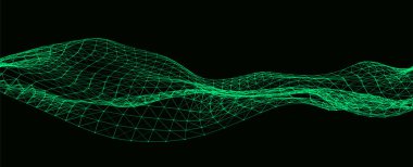 Parçacıkların soyut teknoloji dalgası. Büyük veri görselleştirmesi. Hareket noktaları ve çizgileri olan vektör koyu arkaplan. Yapay zeka.