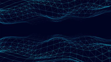 Soyut teknoloji çift parçacık dalgası. Büyük veri görselleştirmesi. Hareket noktaları ve çizgileri olan vektör koyu arkaplan. Yapay zeka.