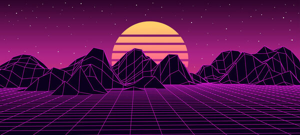 Retro fantastic background of the 80s. Vector mountain wireframe landscape with night sky and sunset . Futuristic blue neon scenery.