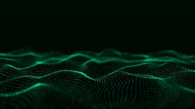 Fütürist dijital dalga. Karanlık siber uzay. Noktalı ve çizgili soyut dalga. Yeşil zemin üzerinde hareket eden beyaz parçacıklar. 3d oluşturma.