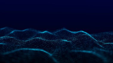Fütürist dijital dalga. Karanlık siber uzay. Noktalı ve çizgili soyut dalga. Mavi arka planda beyaz hareketli parçacıklar. 3d oluşturma.