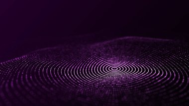 Gelecekçi çember dalgası. Karanlık siber uzay. Noktalı soyut müzik dalgası. Pembe arka planda hareket eden beyaz parçacıklar. 3d oluşturma.