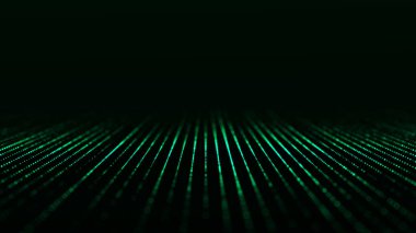 Soyut dijital akış parçacıkları. Siber ağ bağlantısı arka planı. Büyük veri görselleştirmesi. Teknoloji yeşili fon. 3d oluşturma.